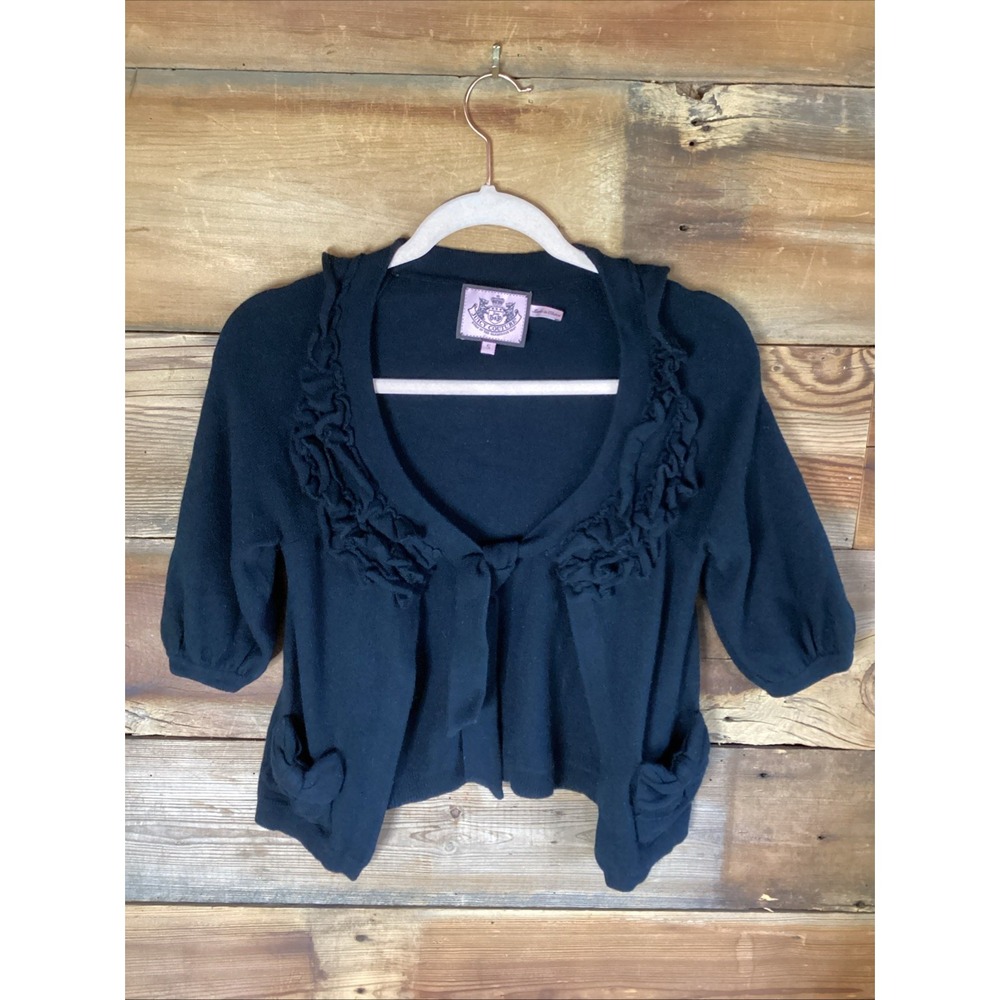 Juicy Couture Black Wool/Cashmere Short Sleeve Ruffle Tie Front Sweater Sz S Y2K